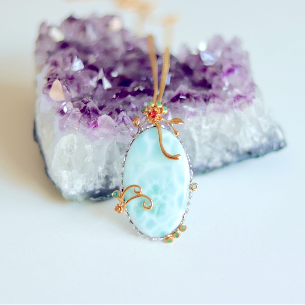 Moonlight Larimar with Emerald and Ruby Necklace